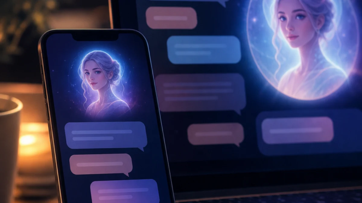 Illustration of a phone and laptop showing a fictional companion avatar