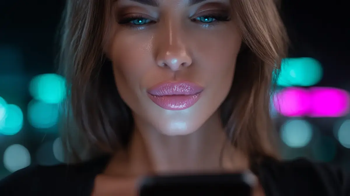 Young woman testing ai girlfriend conversation app on her smartphone